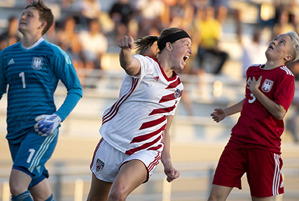 Marine Corps Lt. Katie Gernsbacher of the U.S. Armed Forces Women’s Soccer Team reacts to scoring the winning goal in a 2-1 match against Germany during the the 13th CISM (International Military Sports Council) World Military Women’s Football Championship in Meade, Washington July 15, 2022. (DoD photo by EJ Hersom)